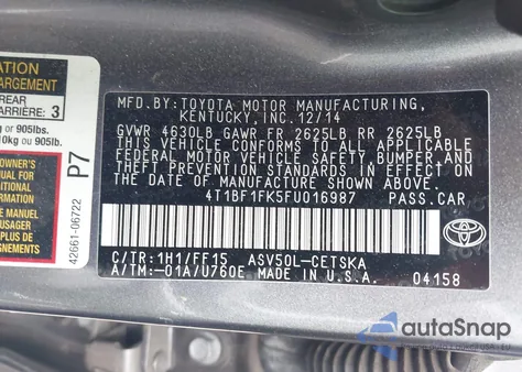 2015 Toyota Camry Se z USA, uszkodzony, nr VIN 4T1BF1FK5FU016987